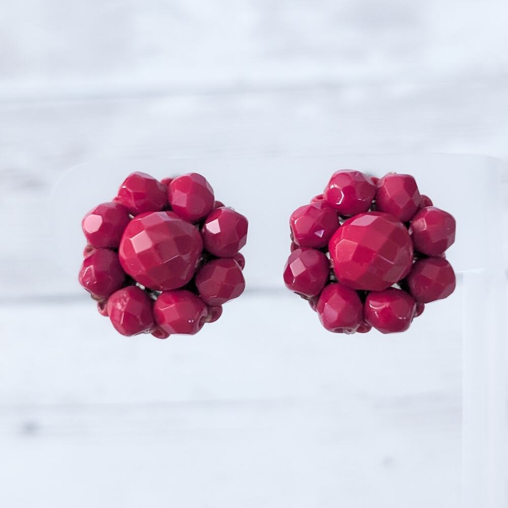 Vintage Clip On Earrings Red Flower Like Cluster 7/8"